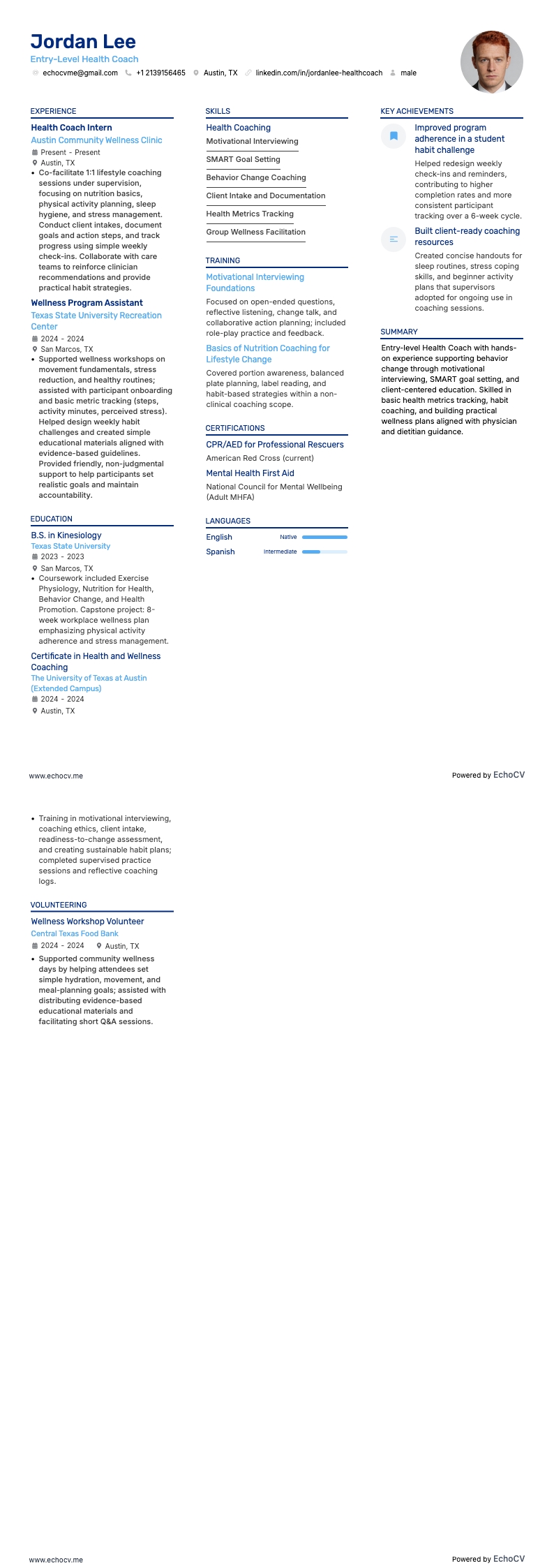 Coach de saúde resume example