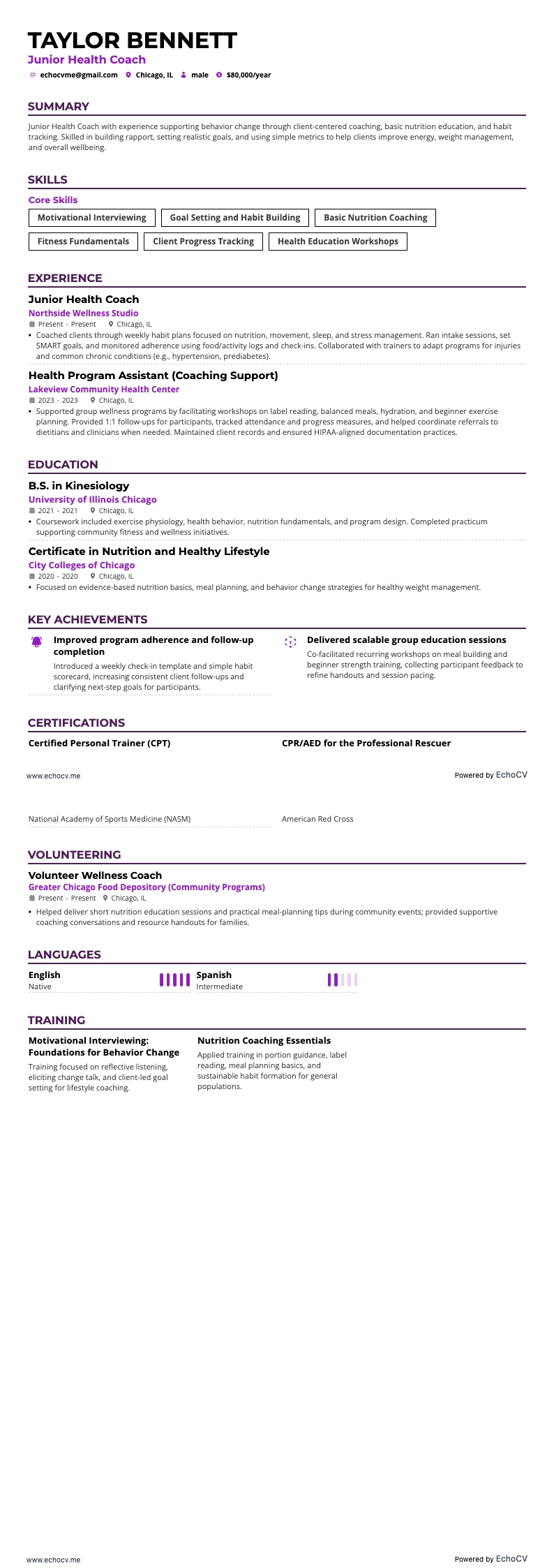 Coach de saúde júnior example resume