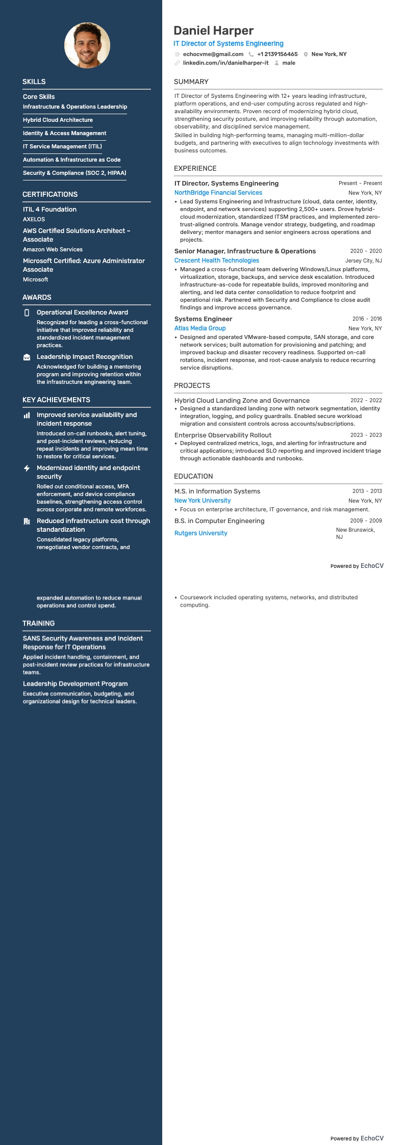 IT Director of Systems Engineering example resume