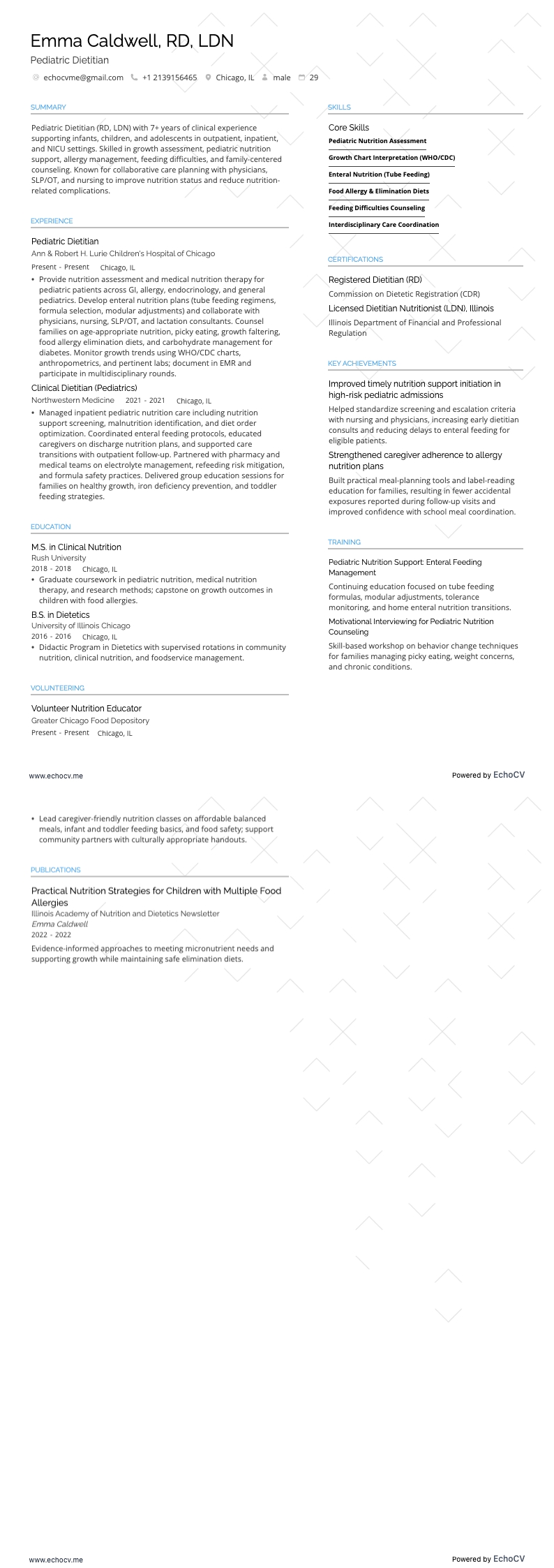 Pediatric Dietitian example resume