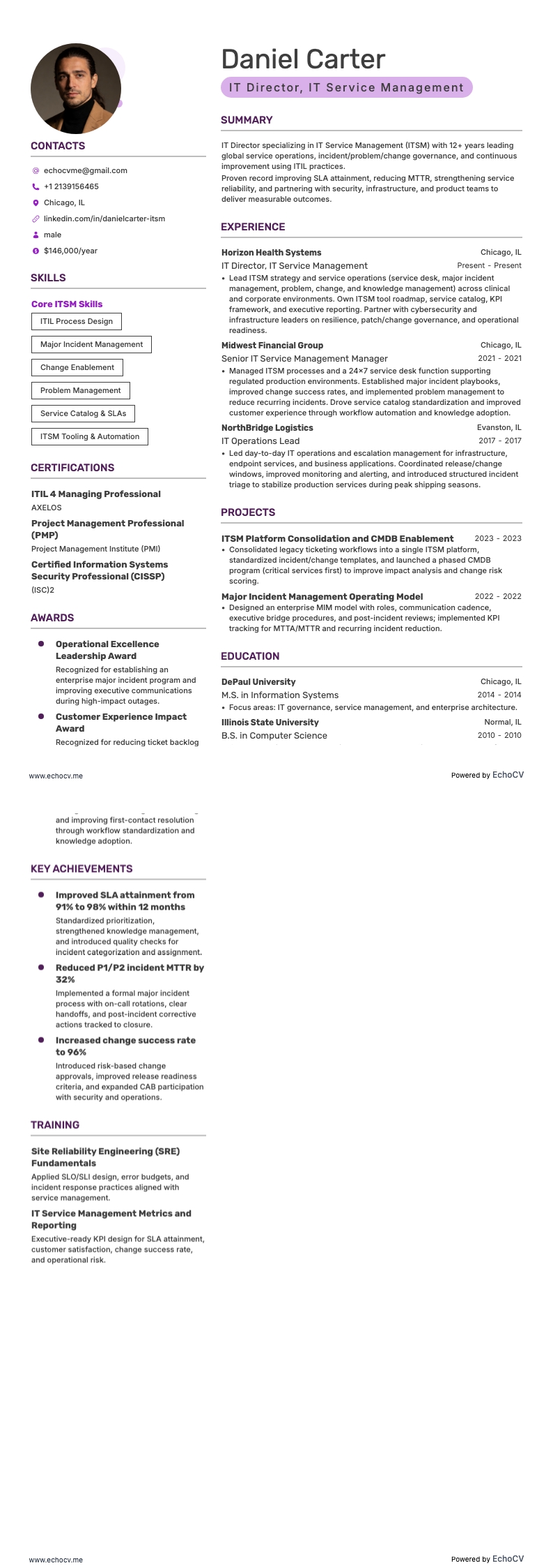 IT Director of IT Service Management example resume