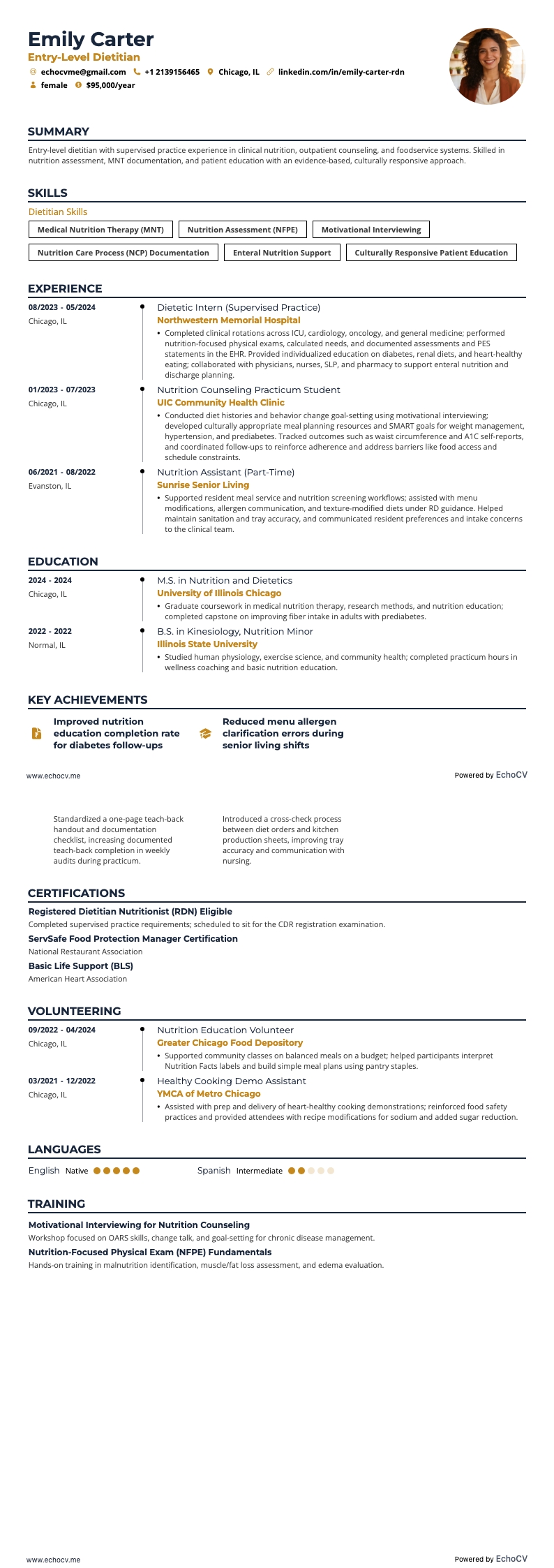 Entry-Level Dietitian example resume