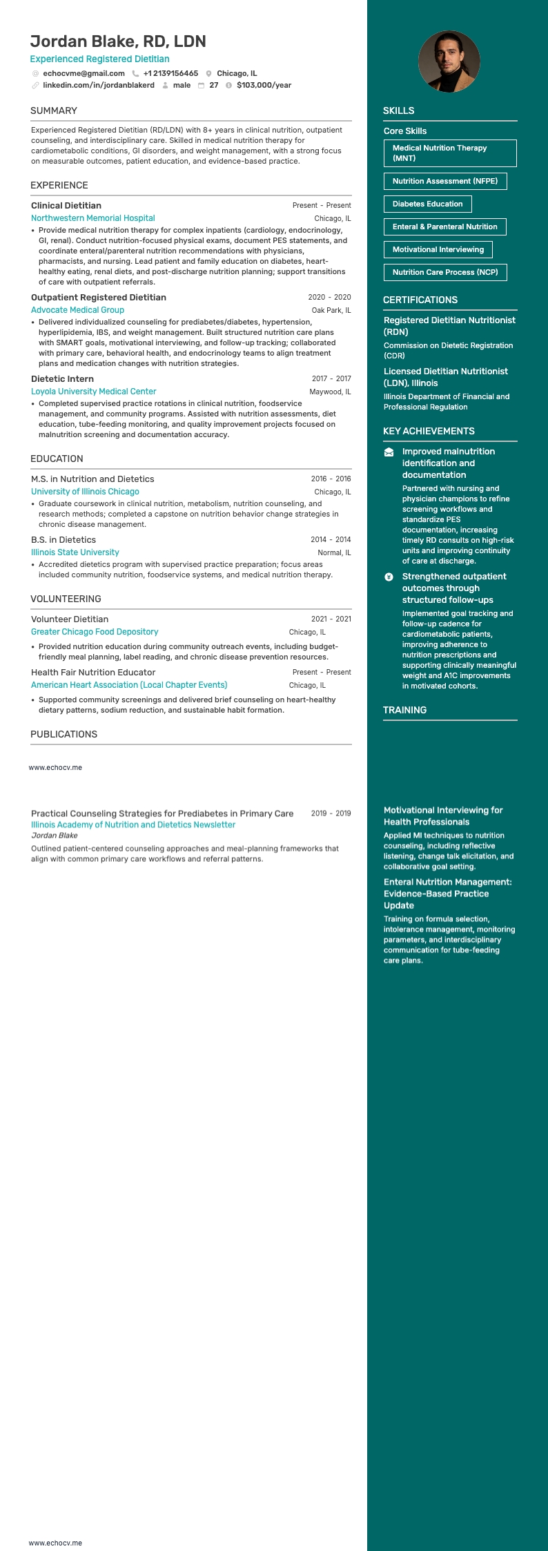 Experienced Registered Dietitian example resume