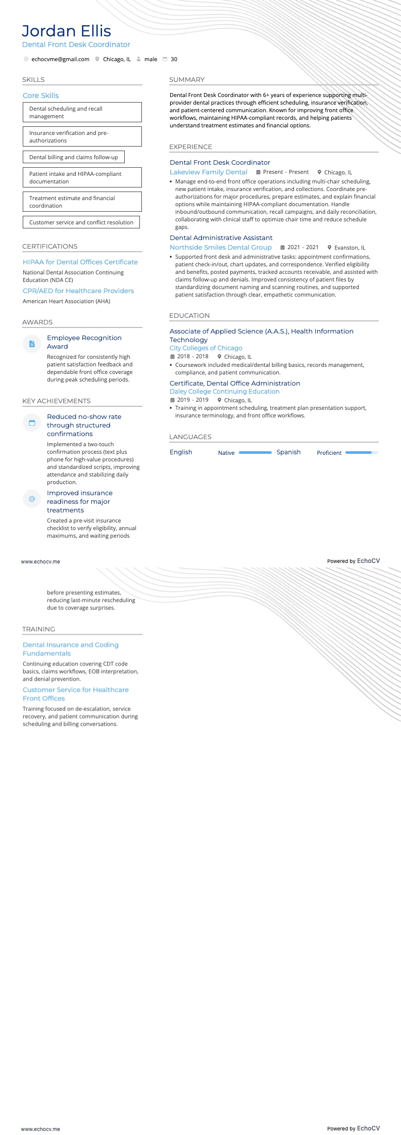 牙科行政助理 resume example