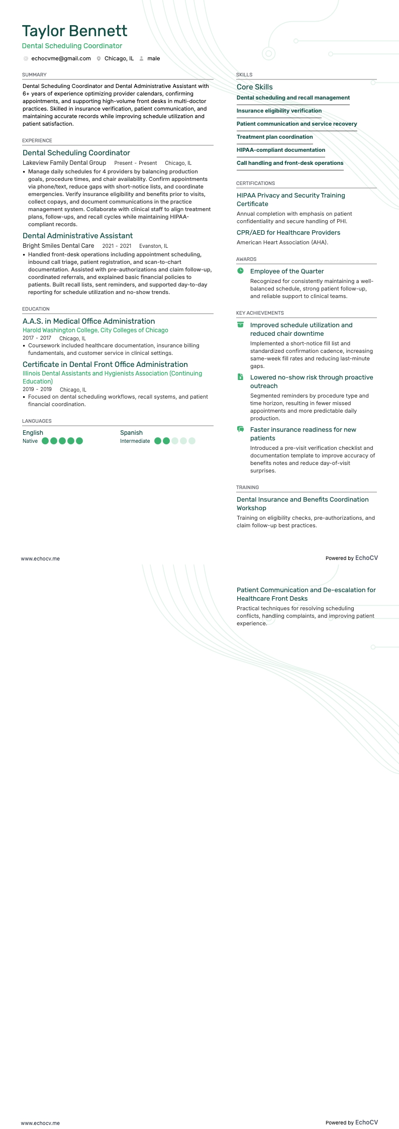 歯科受付事務アシスタント resume example