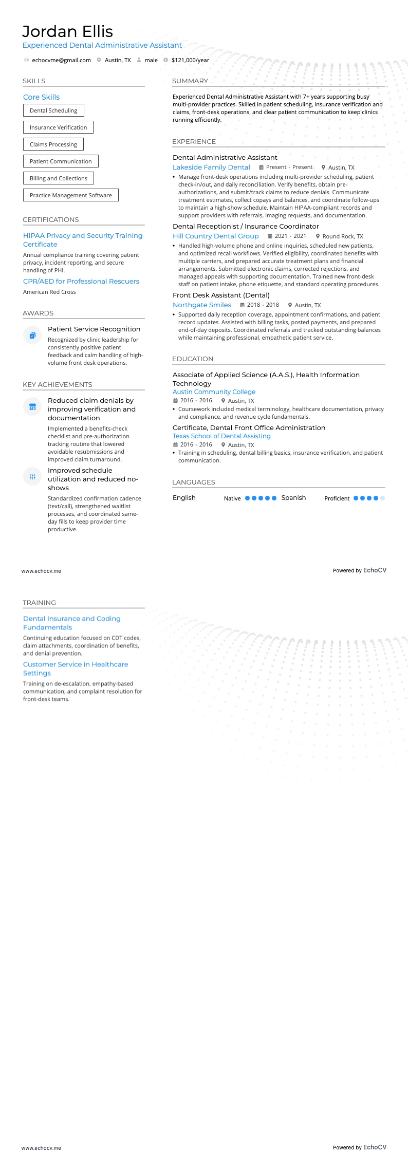 牙科行政助理 resume example