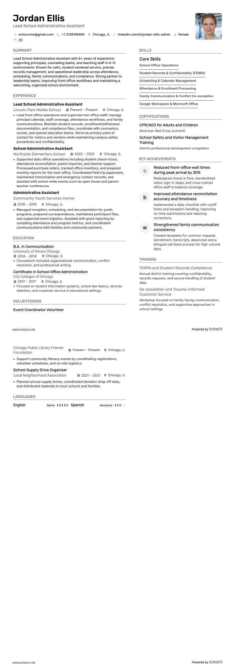 Asistente administrativo escolar principal example resume