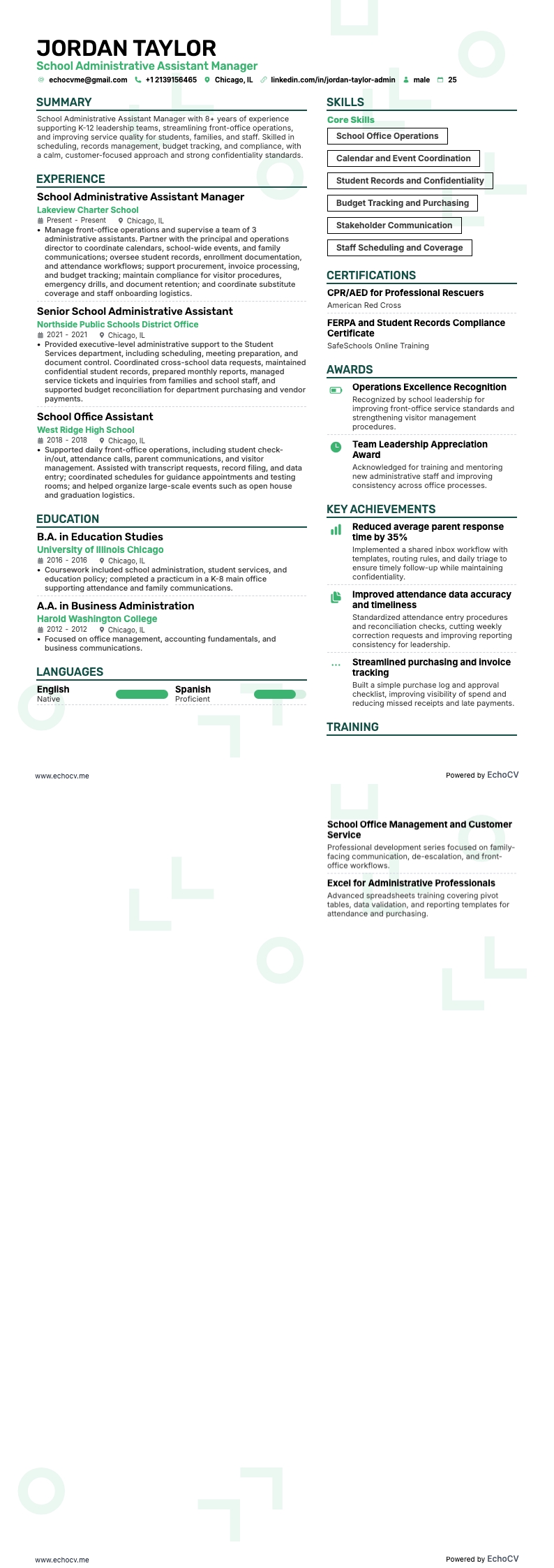 Trợ lý hành chính trường học resume example