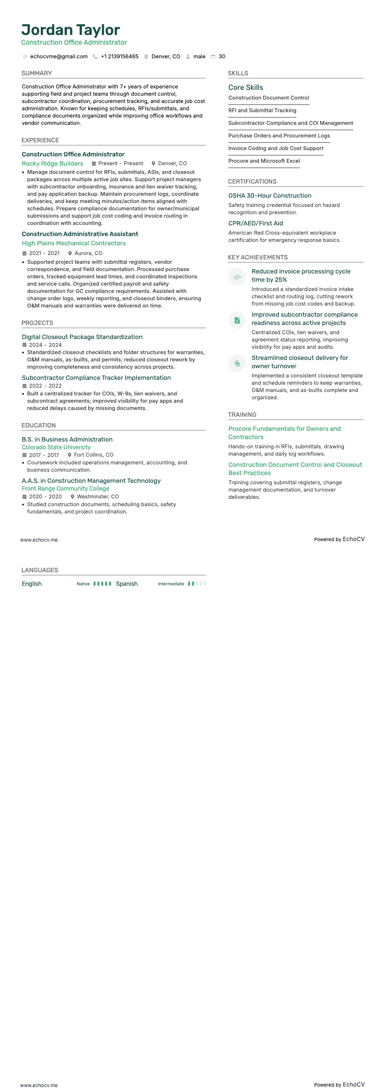 건설 사무 관리자 example resume