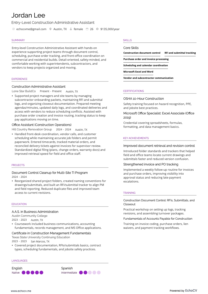 건설 행정 보조 resume example