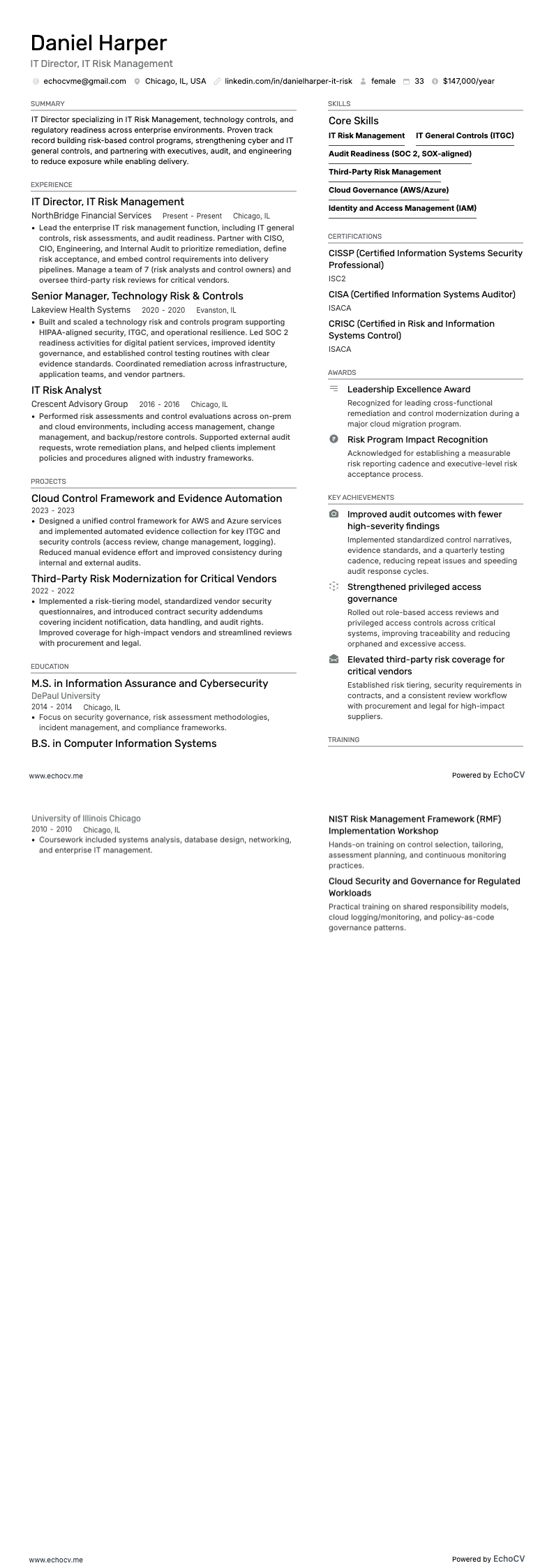 IT Director of IT Risk Management example resume