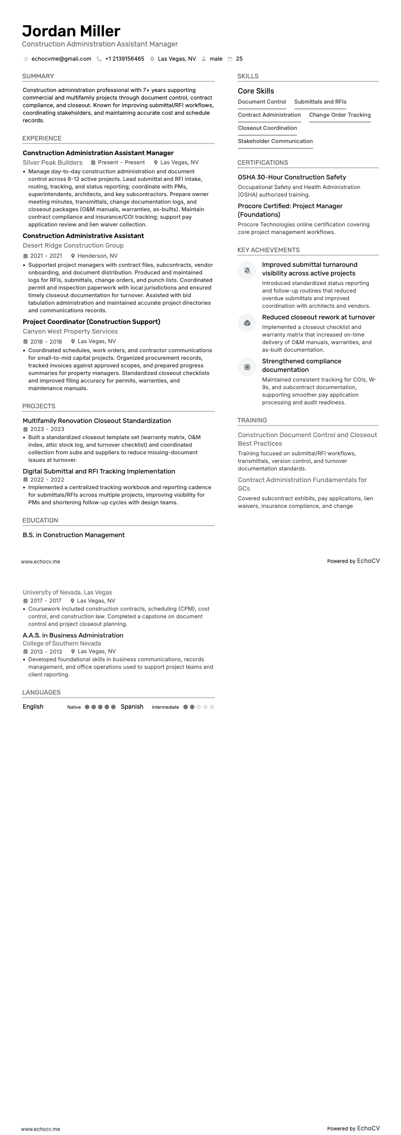 建筑行政助理 resume example