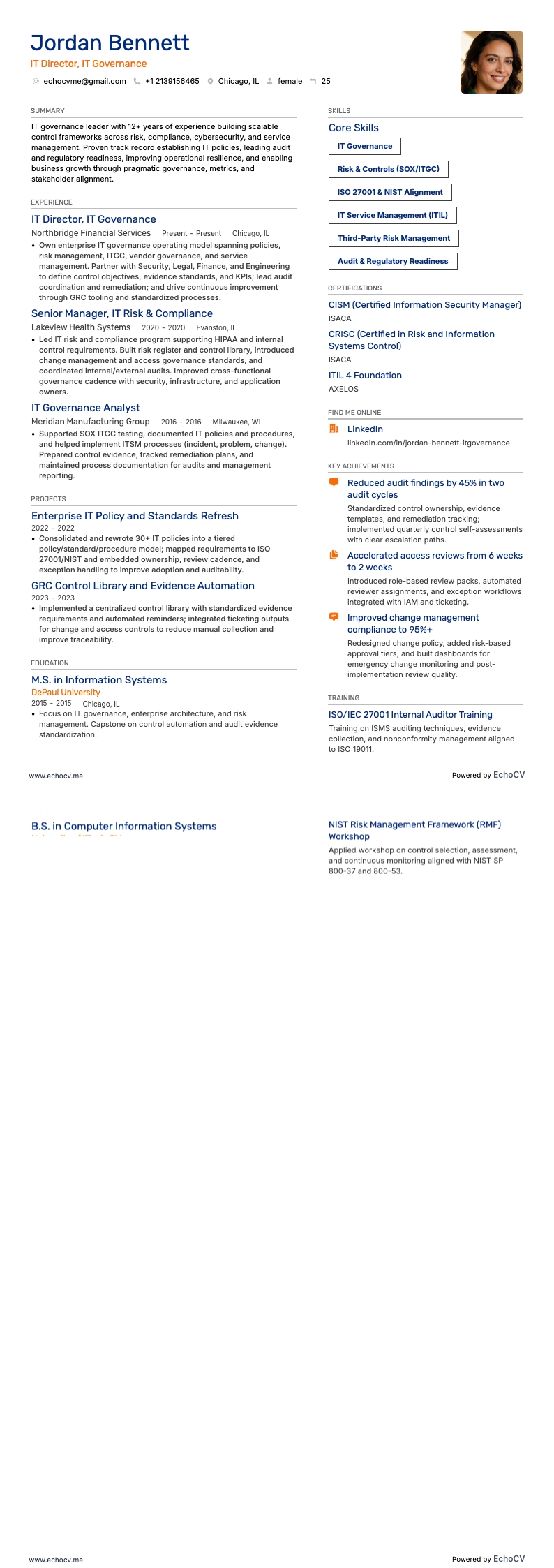 IT Director of IT Governance example resume