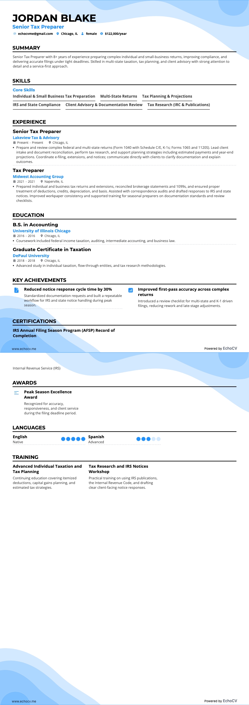 税务申报专员 resume example