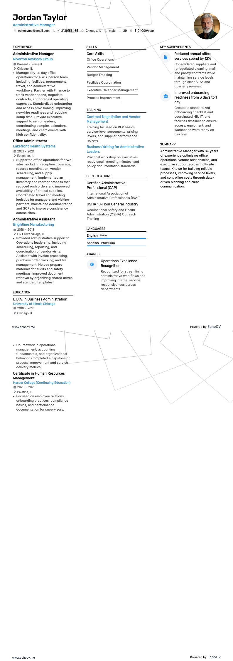 Responsable administratif example resume