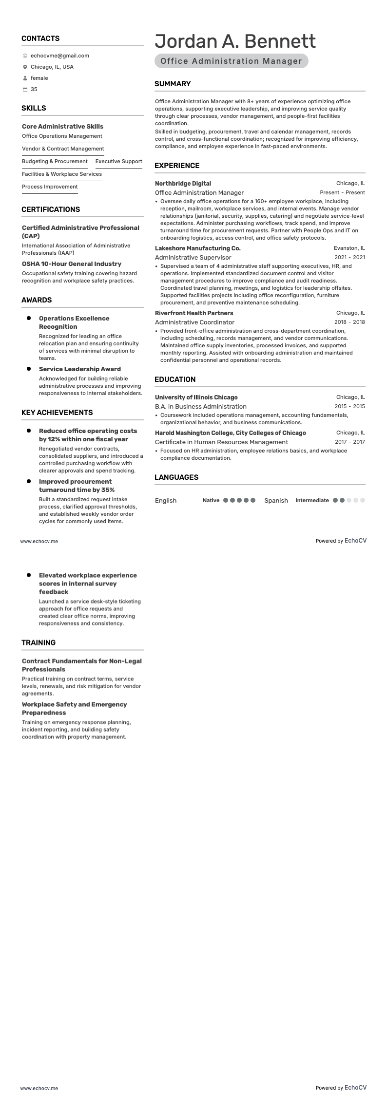 Gerente Administrativo resume example