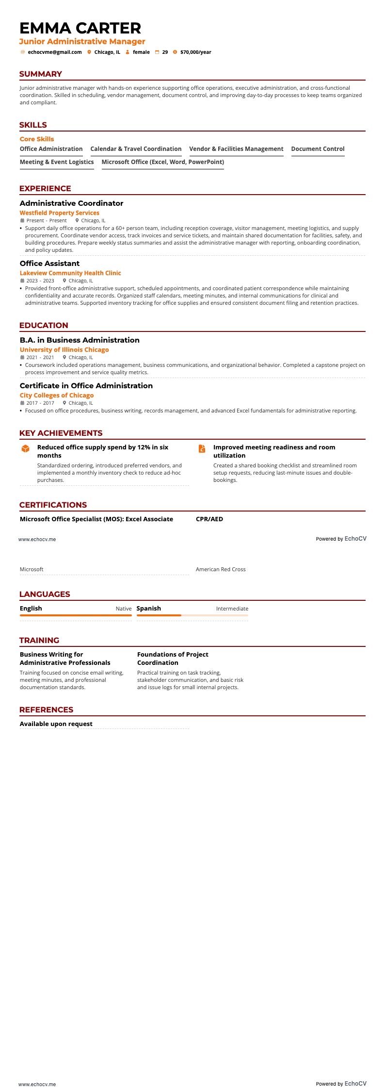 Responsable administratif junior example resume