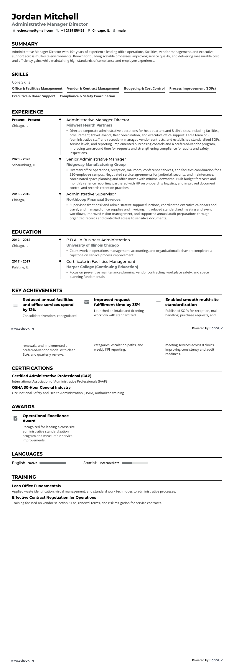 Directeur administratif resume example
