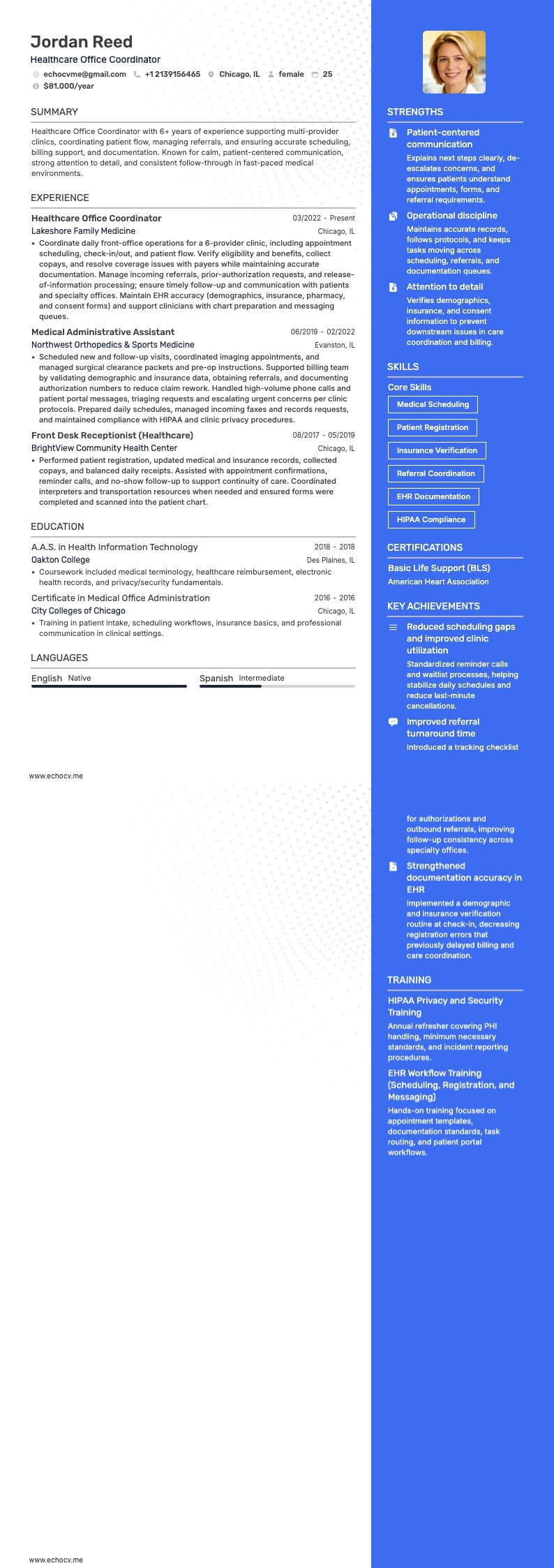 Healthcare Office Coordinator example resume