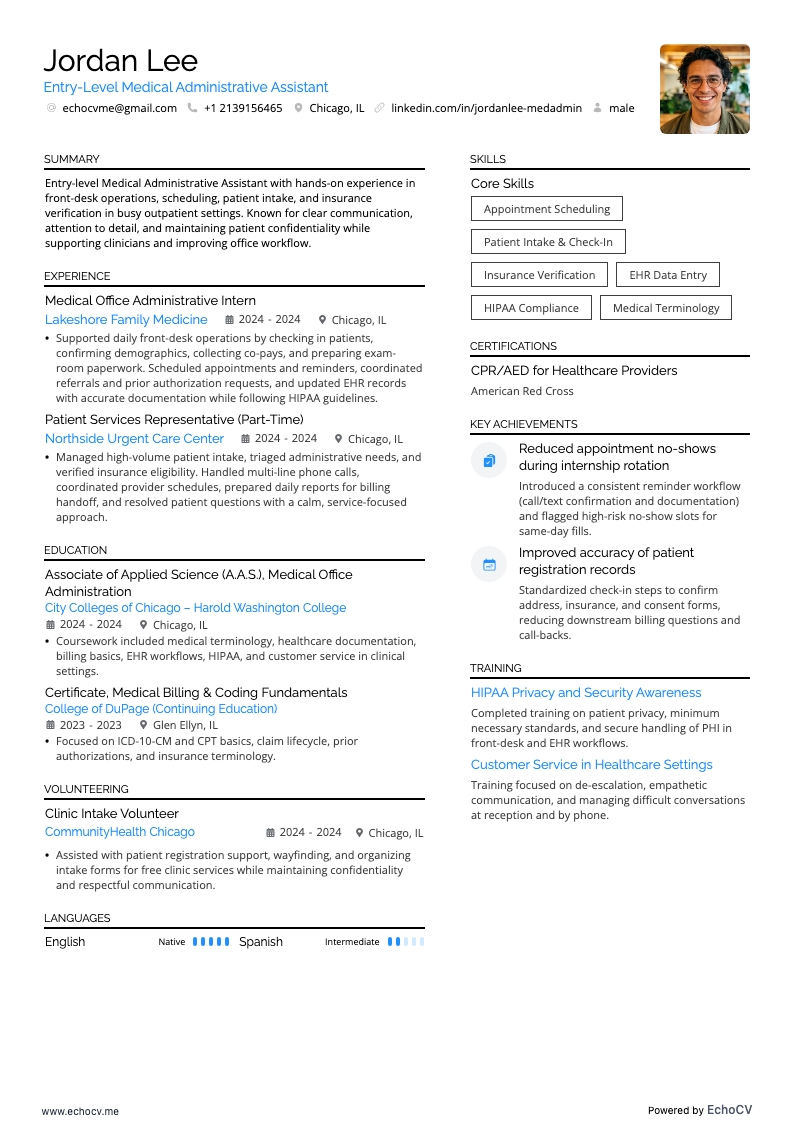Entry-Level Medical Administrative Assistant example resume