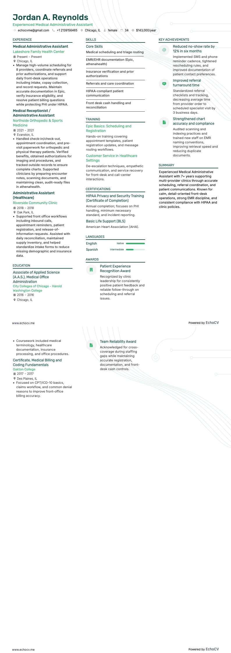 Medical Administrative Assistant resume example