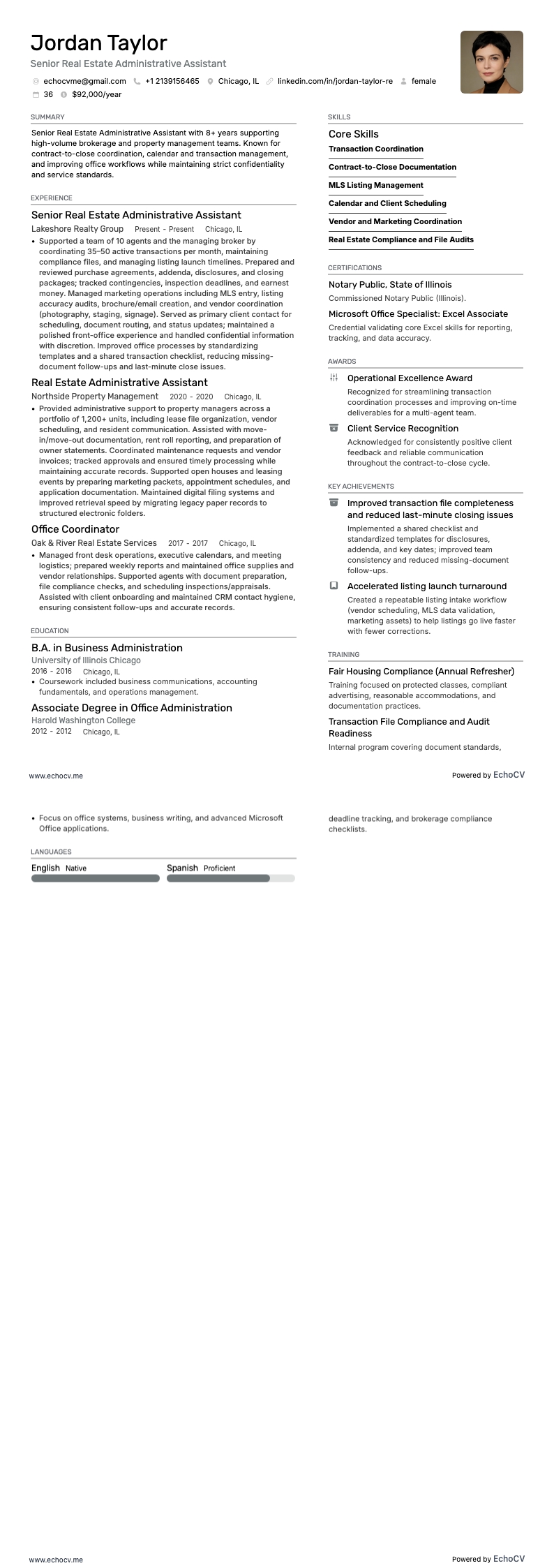 부동산 수석 행정 보조원 example resume