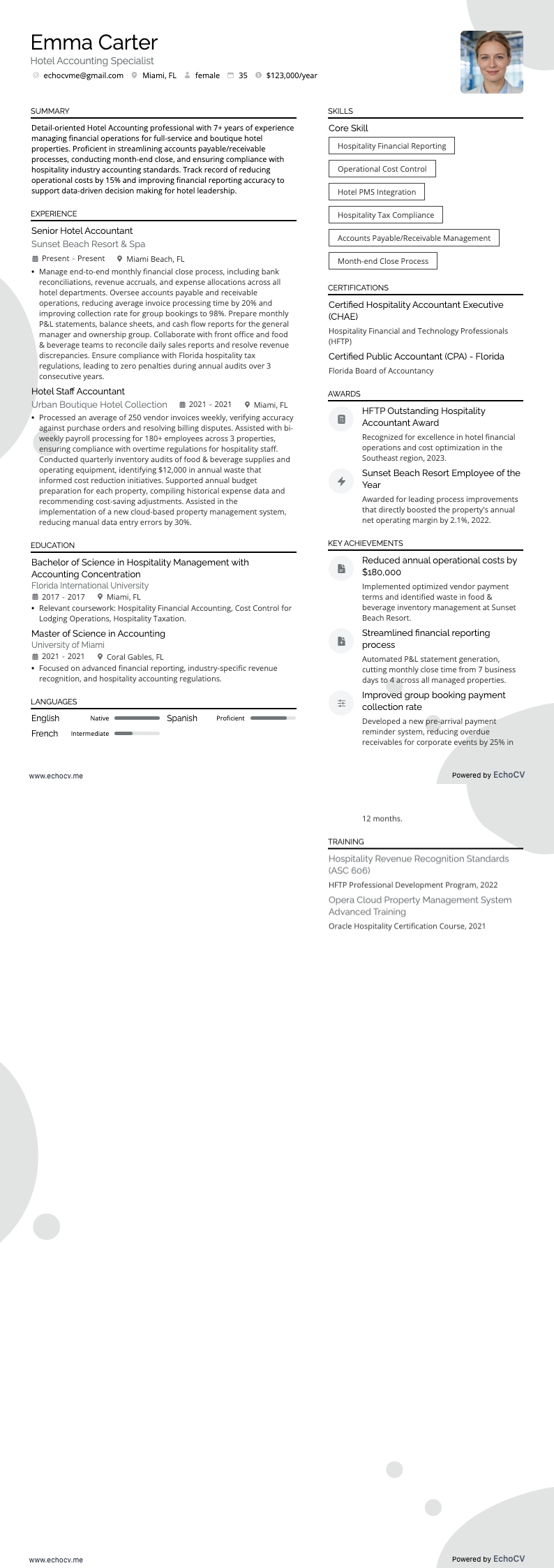ホテル会計 example resume