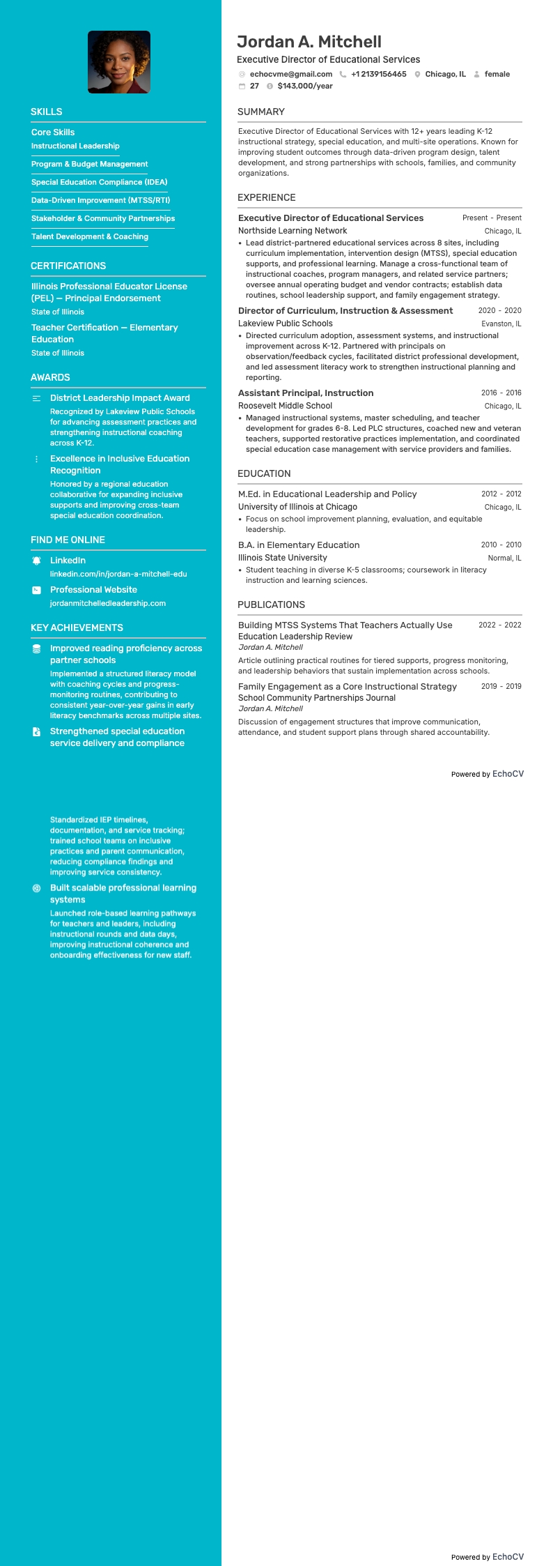 Giám đốc điều hành dịch vụ giáo dục example resume