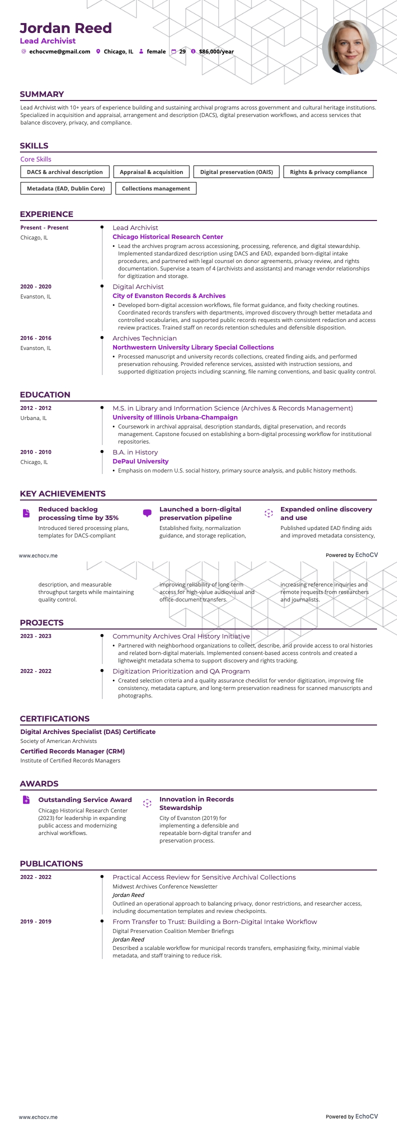Archivero resume example