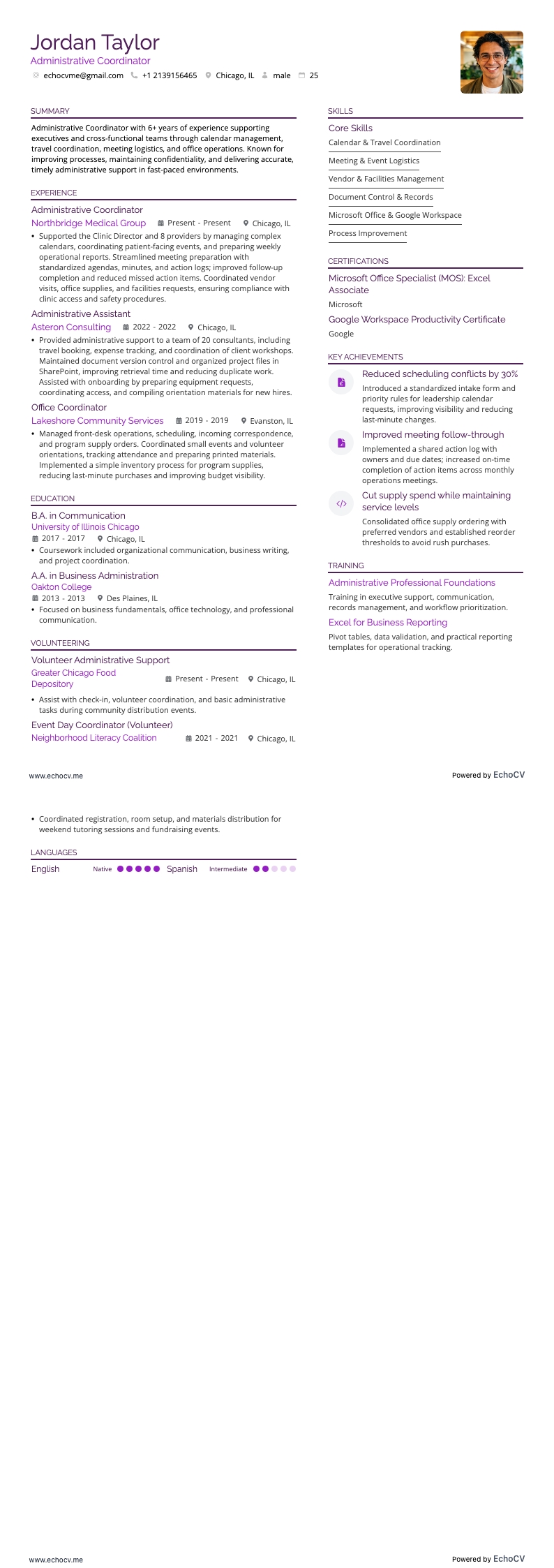 Administrative Coordinator resume example