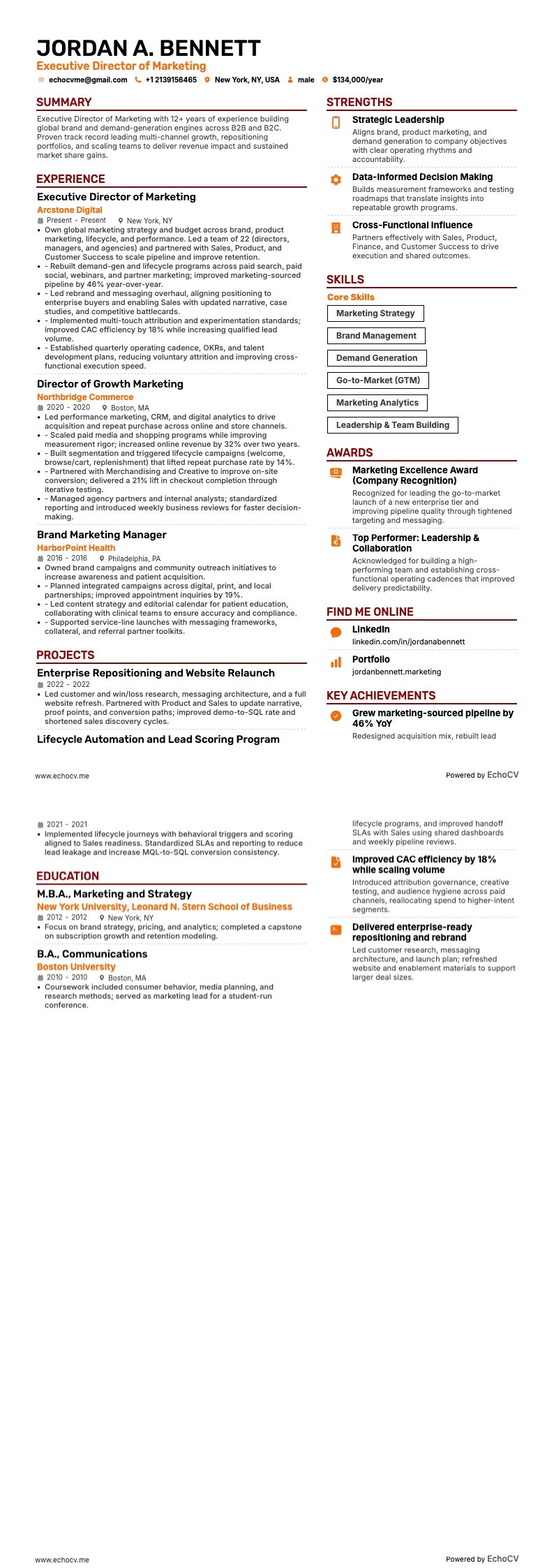 Giám đốc điều hành marketing example resume