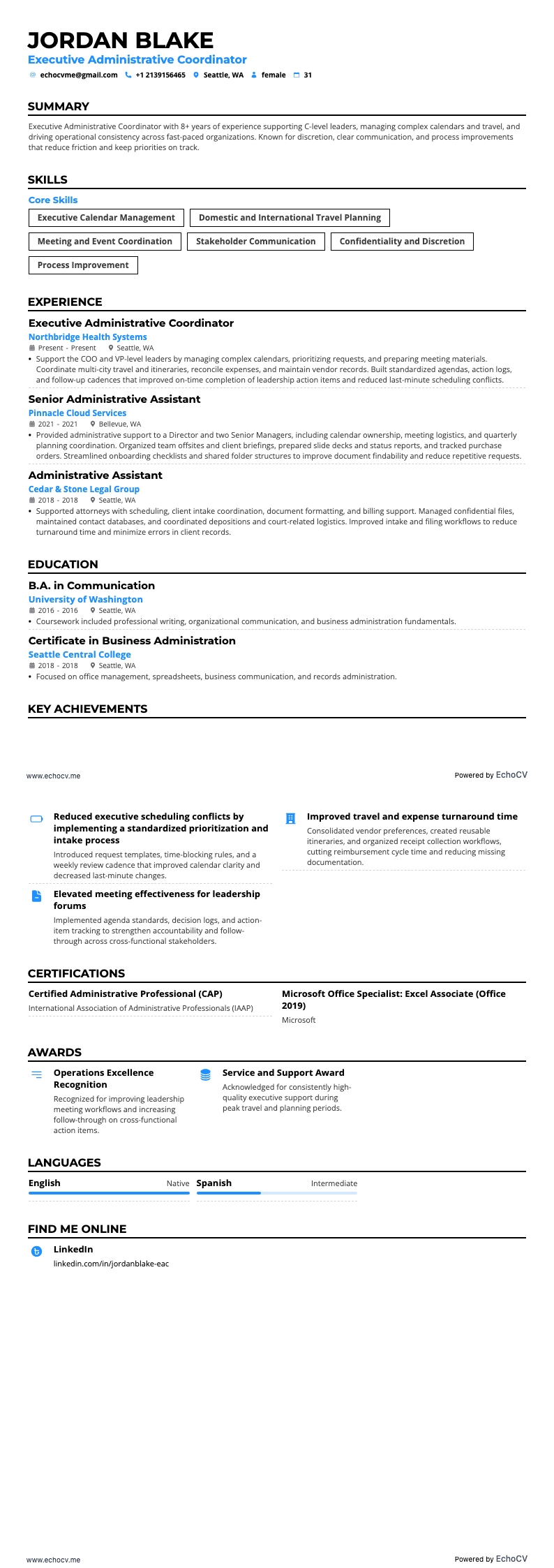 Executive Administrative Coordinator example resume