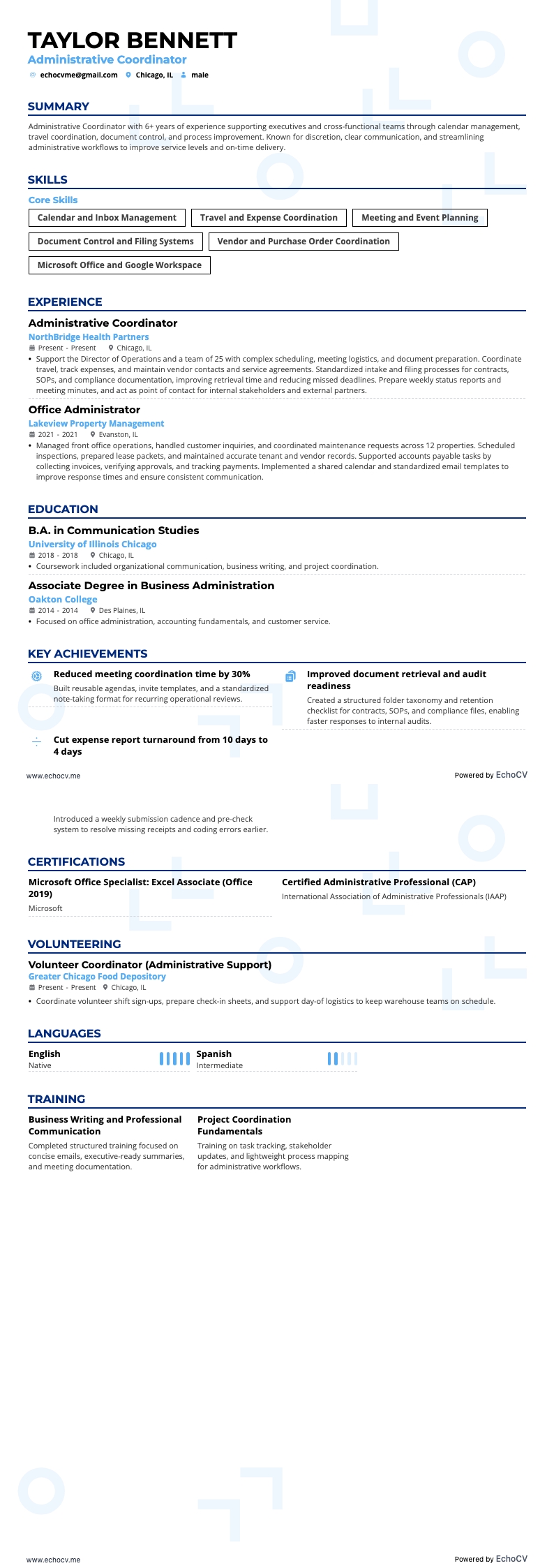 Administrative Coordinator example resume