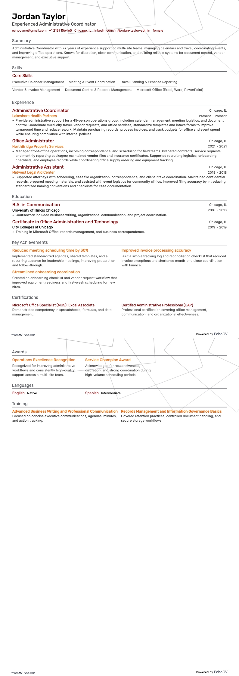 Administrativer Koordinator resume example