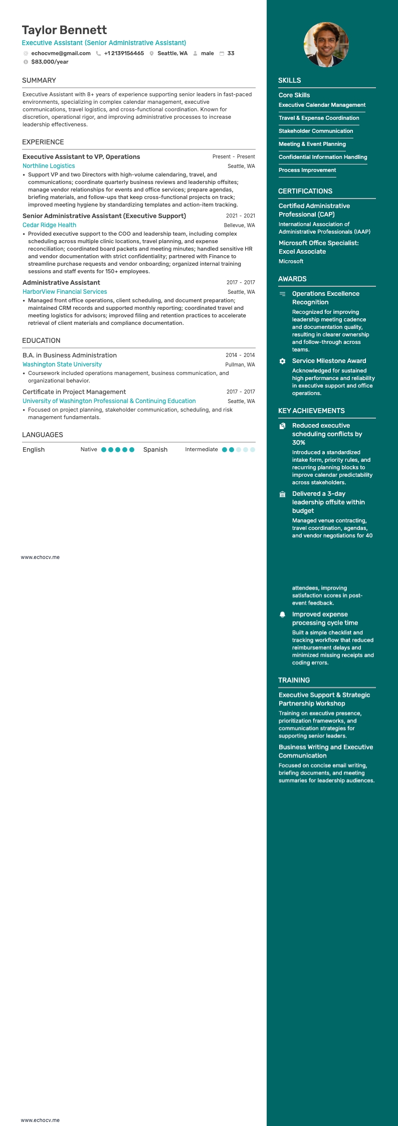 役員秘書 example resume