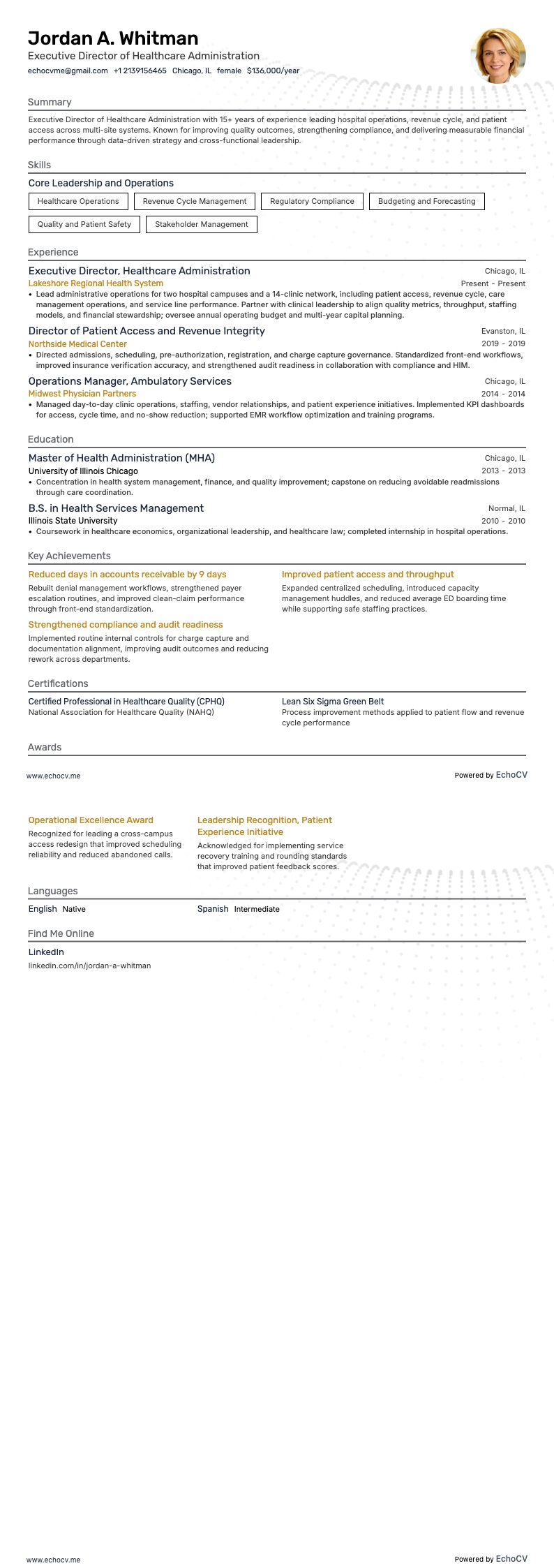 Giám đốc điều hành quản trị y tế example resume