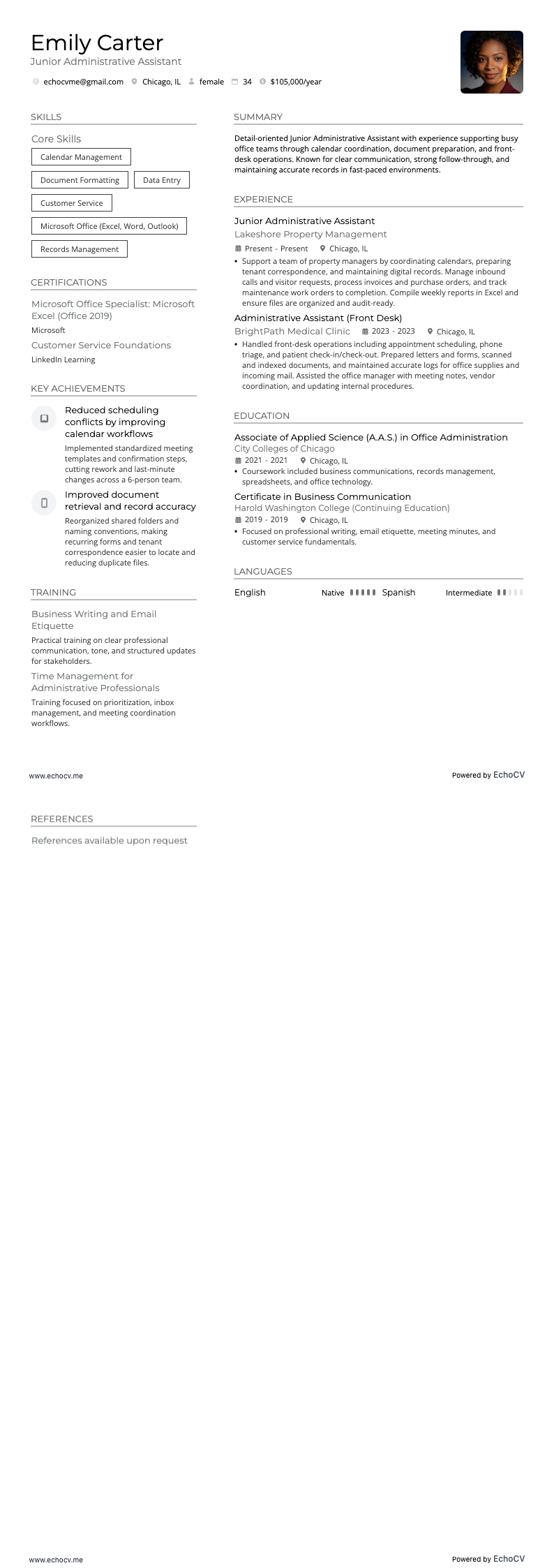 シニア管理アシスタント resume example