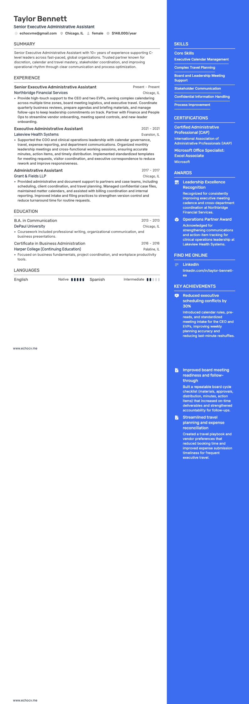 Trợ lý hành chính cấp điều hành resume example