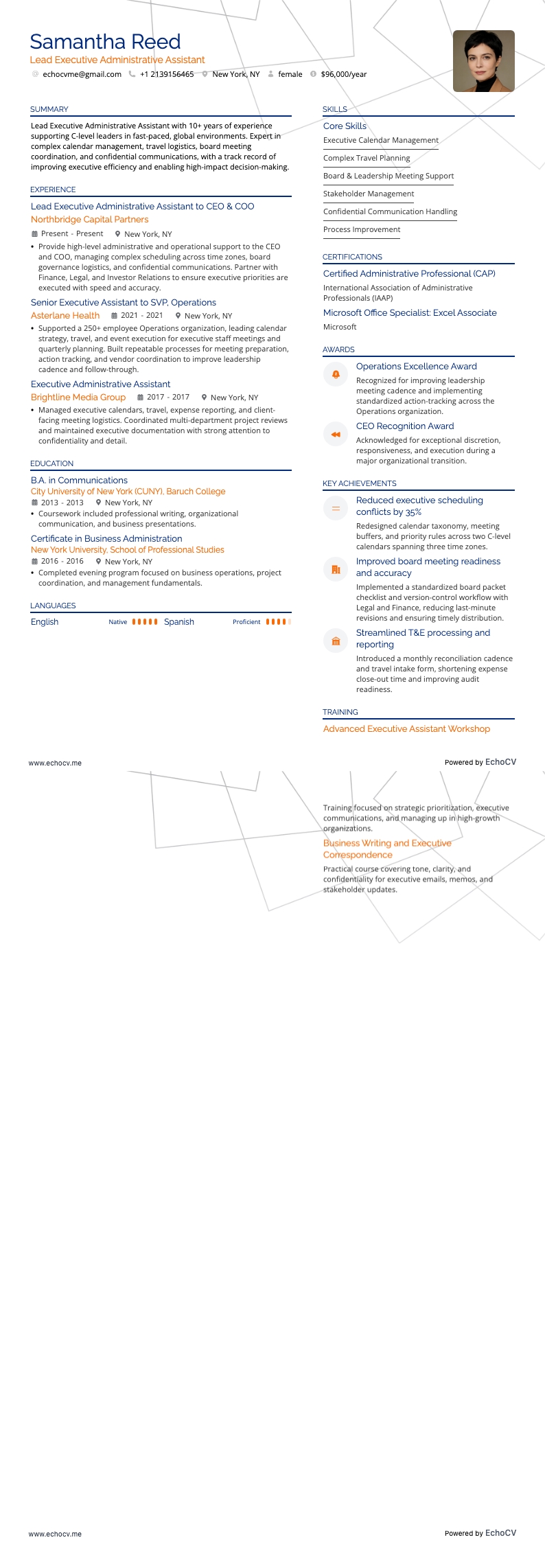 Assistente amministrativo esecutivo resume example