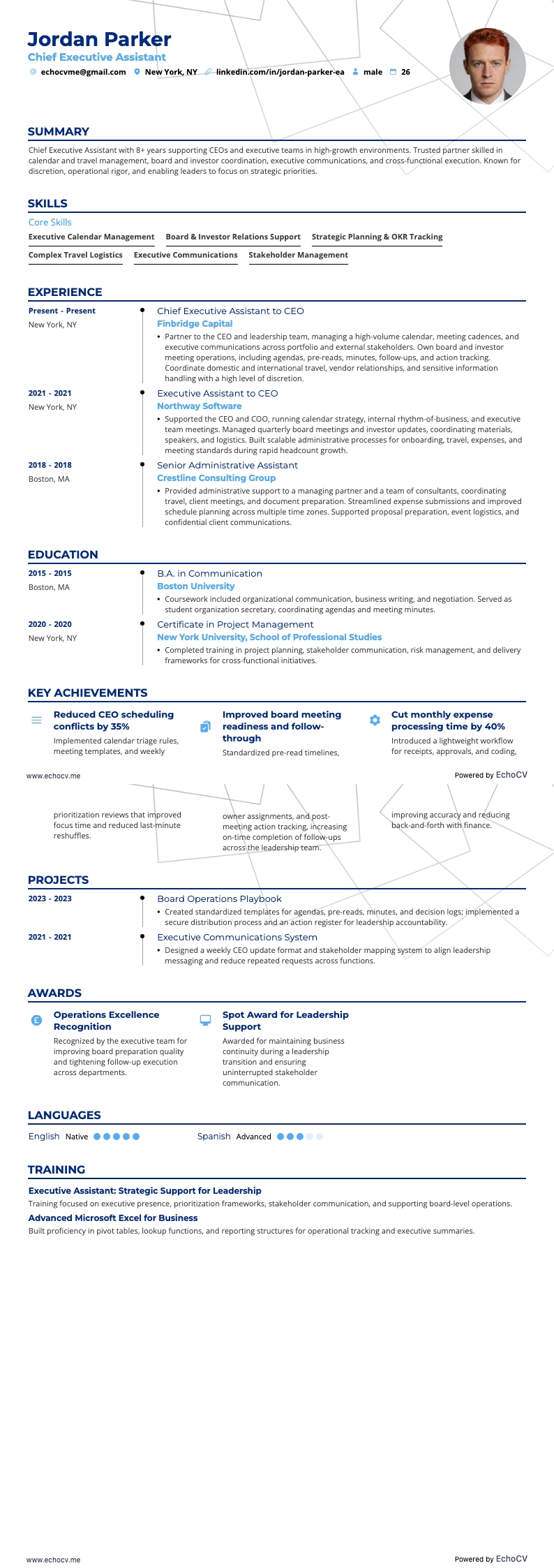 Assistente esecutivo/a del CEO resume example