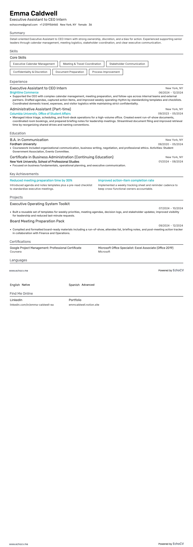 Estagiário(a) de Assistente Executivo do CEO example resume