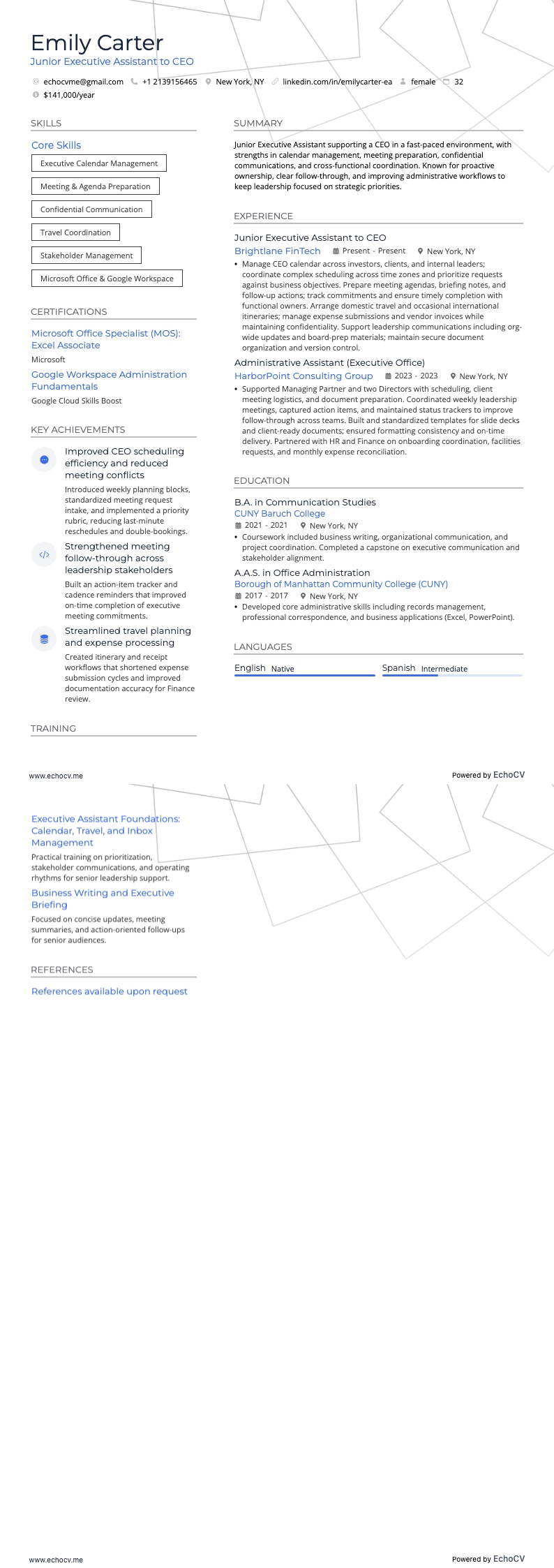 Assistente executiva júnior do CEO example resume