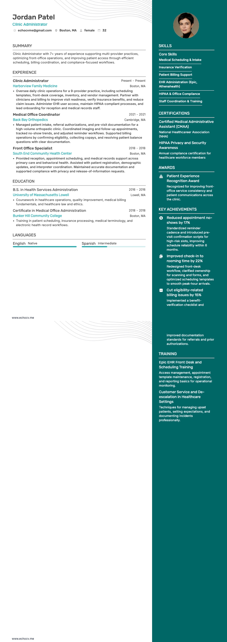 Verwaltungsfachkraft in einer Arztpraxis resume example