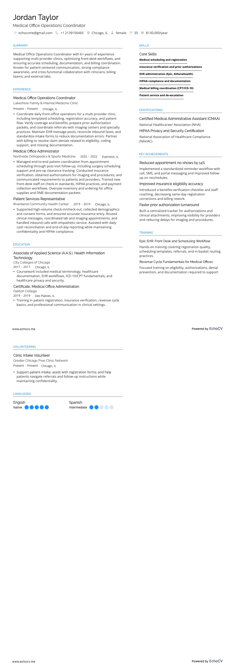 Medical Office Operations Coordinator example resume
