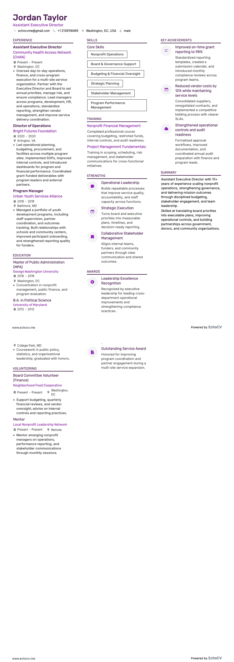 Phó Giám đốc Điều hành example resume