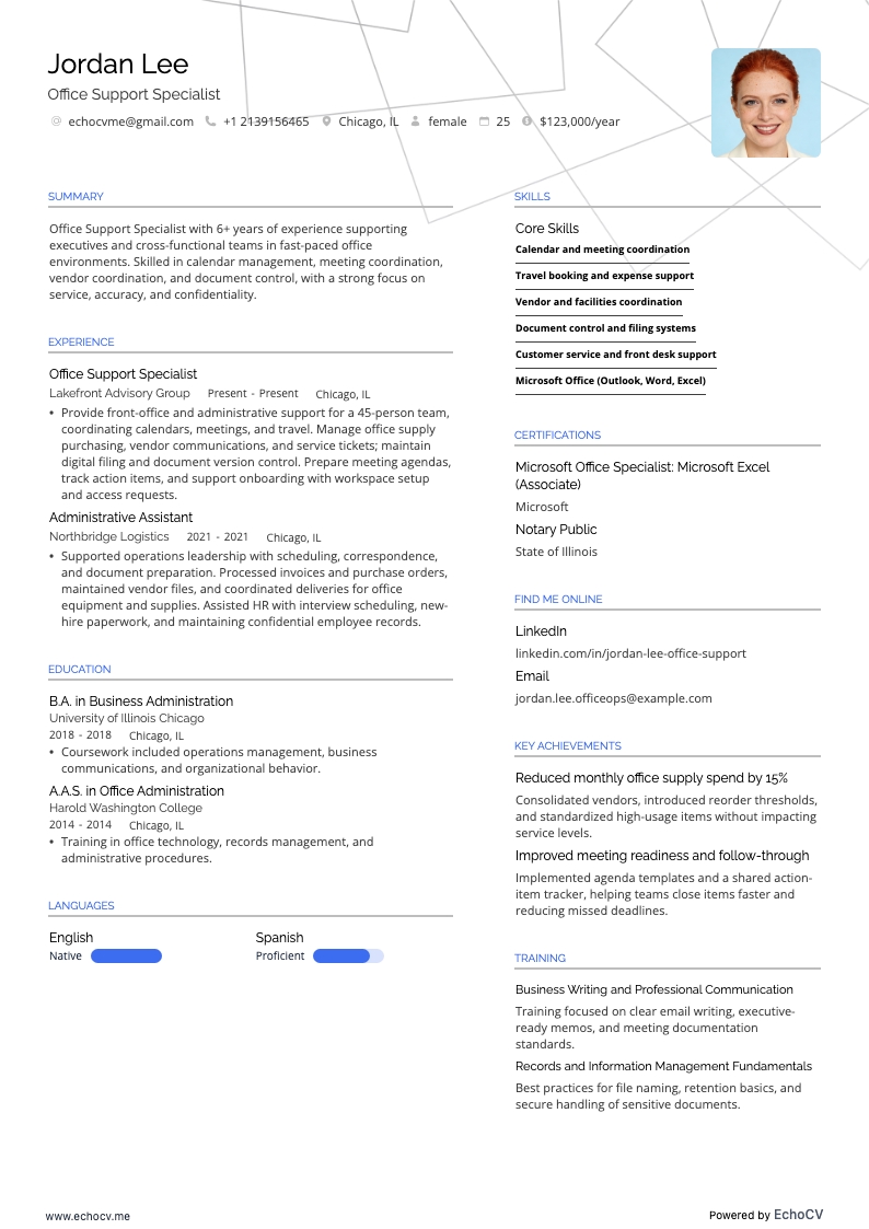 Office Support Specialist example resume