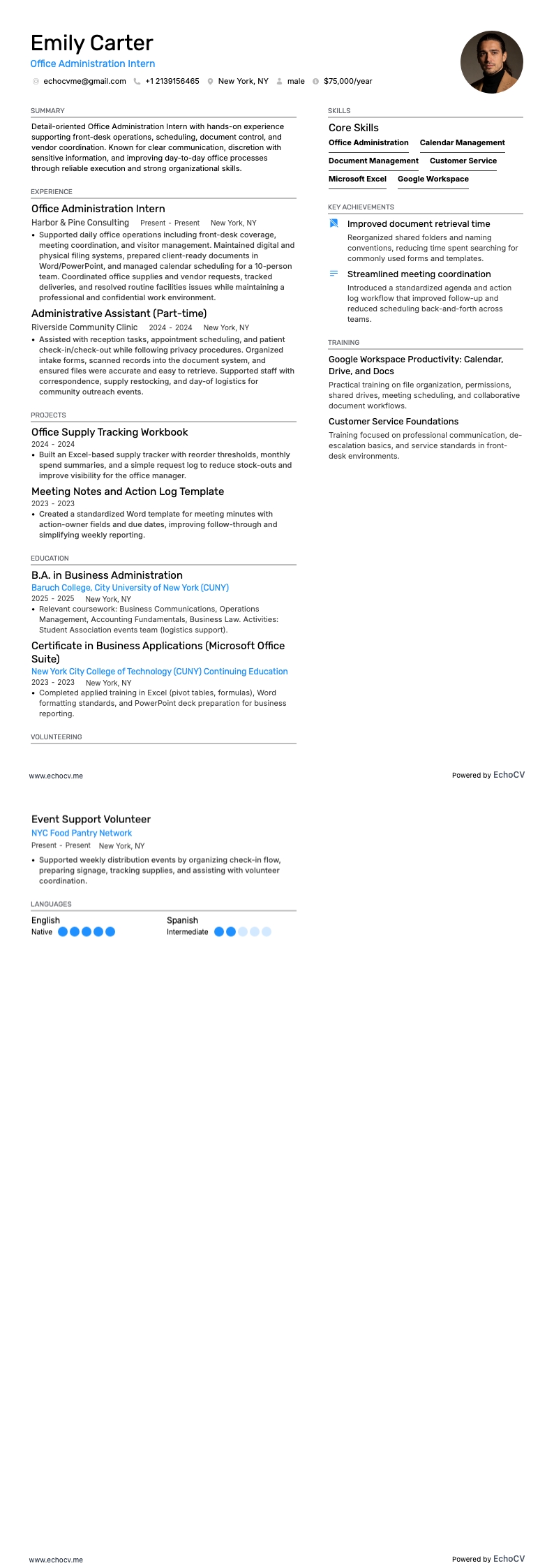 Office Administration Intern example resume