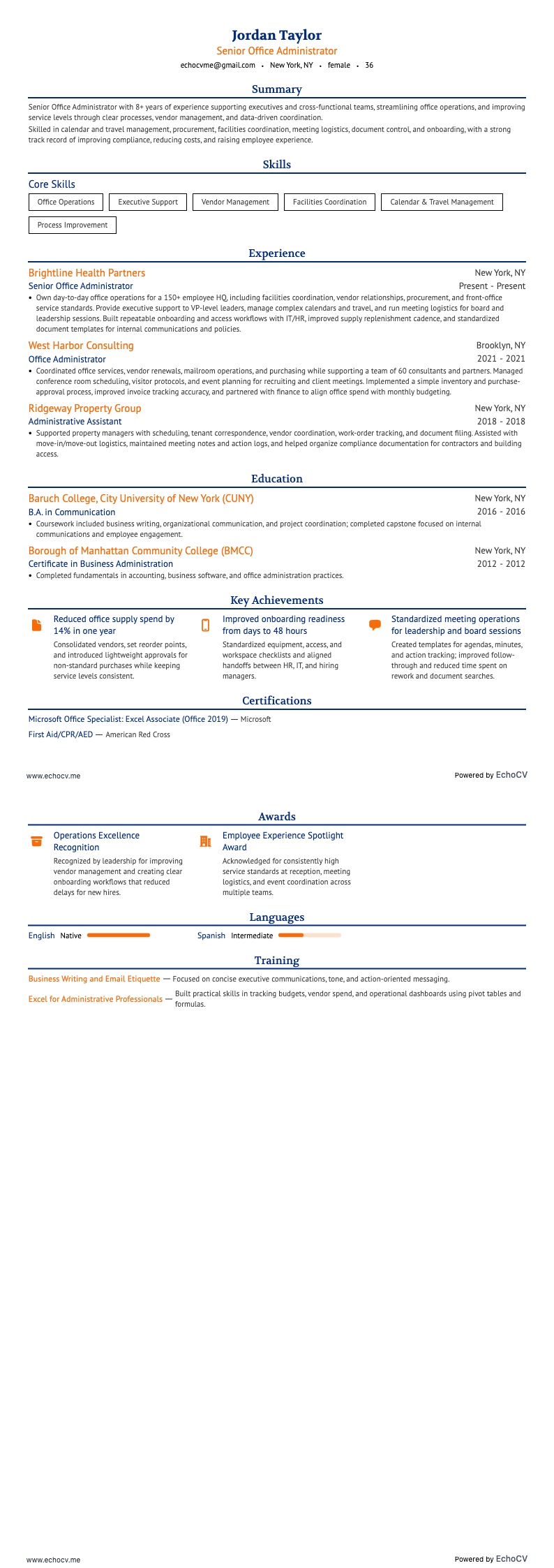 Senior Office Administrator example resume