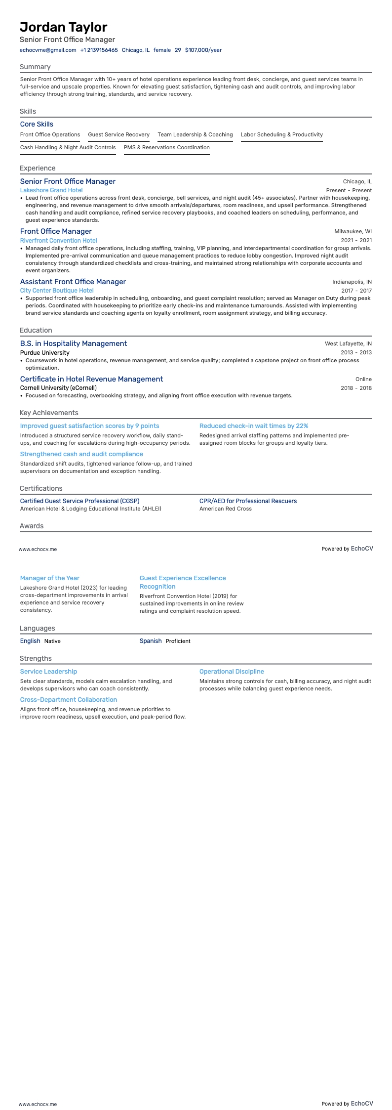 シニア・フロントオフィスマネージャー example resume