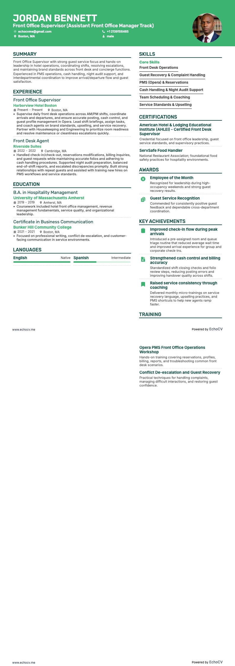 Giám sát tiền sảnh example resume